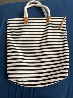 summer & rose Black and White Striped Canvas Tote with Rope Handles